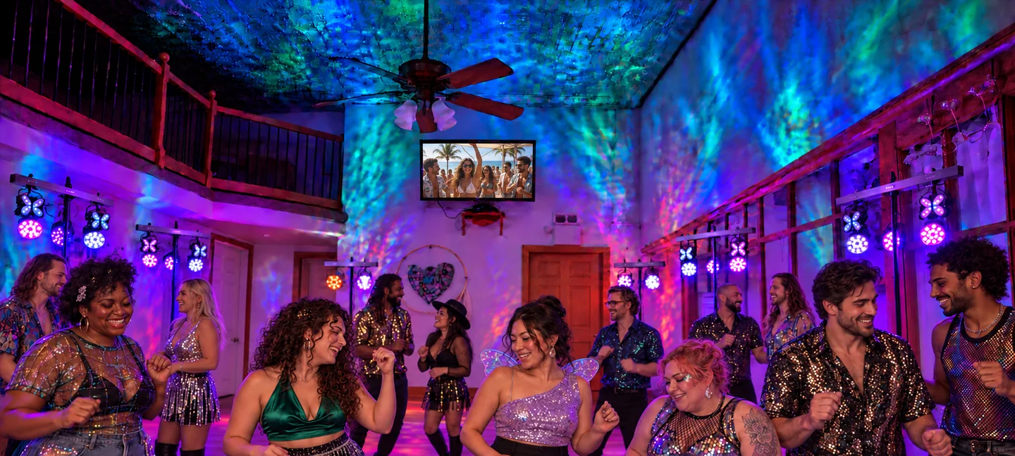 Concept of guests enjoying the Cave under a high, illuminated ceiling, with lights on freestanding stands