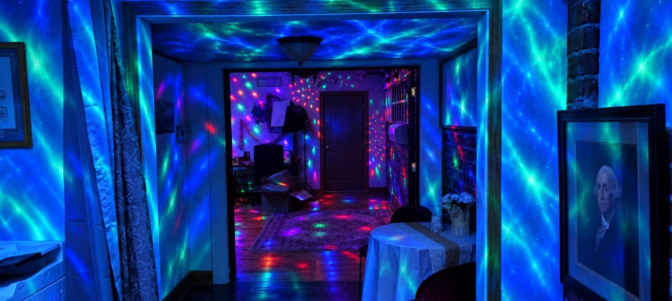 The transition room with a table and blue-green aurora lighting