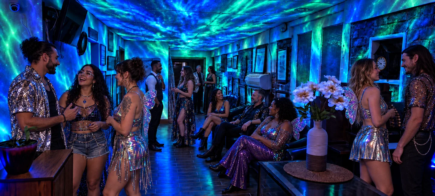 Concept of guests chatting on couches beneath blue and green aurora lighting in the Tunnel